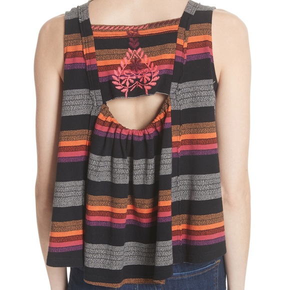 🆕 Free People Embroidered Striped Tank Top Black - Picture 3 of 6